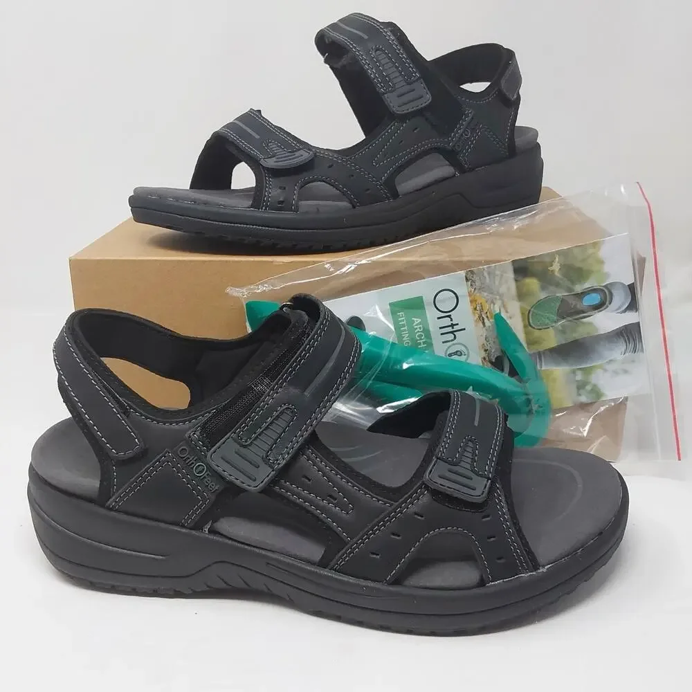 Orthofeet Men's Gemini 566 Black Leather Orthopedic Walking Sandals US 10 NWB